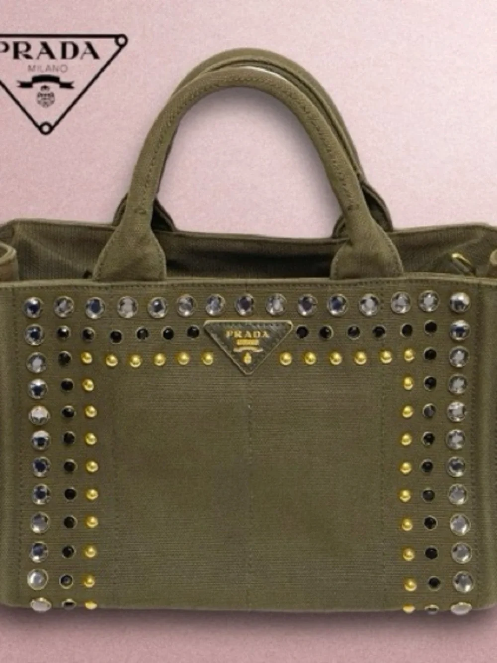 Prada Kanapa Olive Canvas Tote with Crystal and Gold Studs - Picture 4 of 6